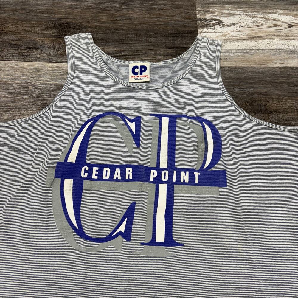 Vintage 90s‎ Cedar Point Shirt Striped Blue White Mens L XL Destination Tank Top
